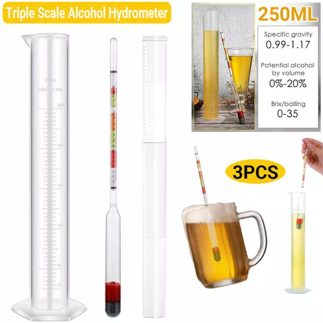 3/6PCS/Set/2Set Triple Scale Alcohol Hydrometer and Test Jar for Home Brew Wine