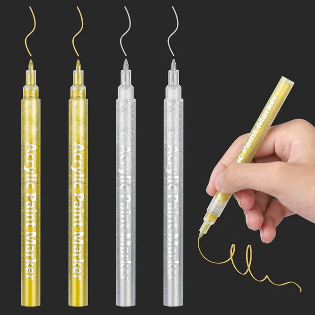 4PCS Stylos Marqueurs Métalliques Permanents, Stylo à Peinture Pointe Fine 0.7mm, Marqueur Peinture Étanche Et Séchage Rapide, Stylos De Dessin Pour Toile, Galet, Verre, Metal, Pneu, Bois (Doré