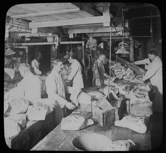 ANTIQUE Magic Lantern Slide SKINNING HAMS CHICAGO C1910 PHOTO USA BUTCHERS