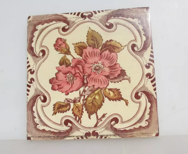 Antique Ceramic Tile Old Floral Flowers Victorian Art Nouveau Vintage Leaf 1891