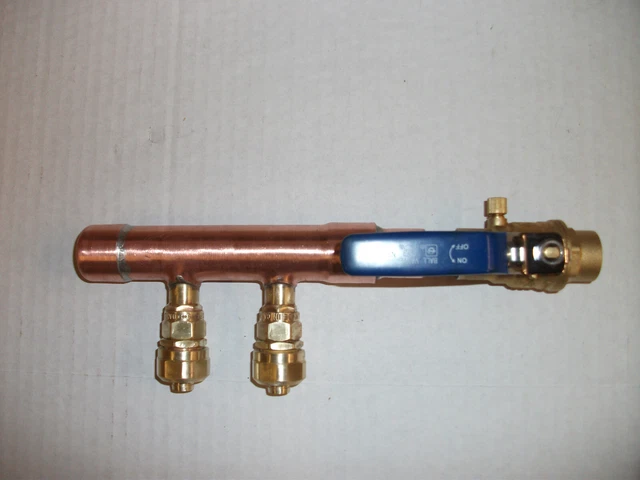 1/2" PEX 2-Port Manifold Assembly, copper body with compression fittings + valve