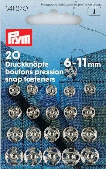 20 Botones Plata 6mm - 11mm Para Coser NUEVO Prym 341270 Botón Snap