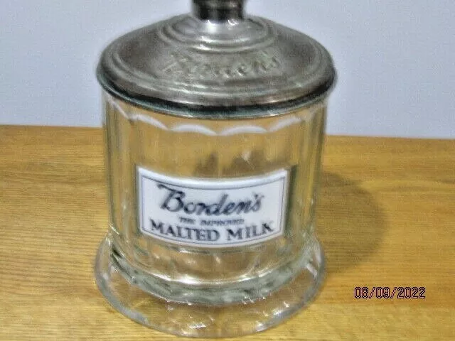 Borden Glass Malted Milk Canister With Porcelain Lable 2 Embossed Borden Lid