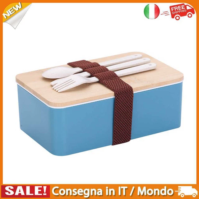 IT Wooden Lid Lunch Box Portable Removable Bezel Tableware (Rectangle Blue)