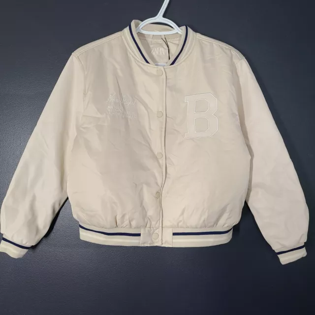 Zara Kids' Satin Bomber Jacket Varsity Faux Leather Sleeves Beige Sz 11-12