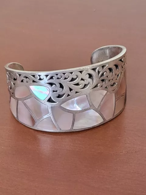 Lois Hill Sterling Silver & Mother Of Pearl Inlay Scroll Cuff Bracelet
