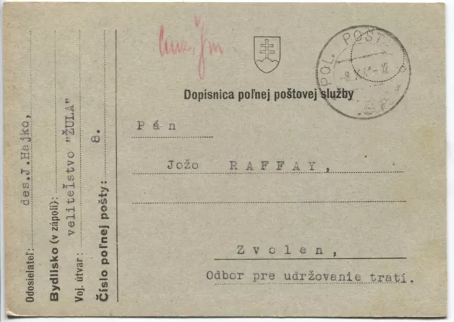 Slowakei Feldpost Polna Posta #8 Karte Zensur 8.10.1941   Zvolen.