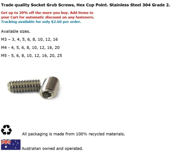 M3 M4 M5 Hex Socket Grub Set Screws Cup Point 304 Stainless Metric. Pack of 25.