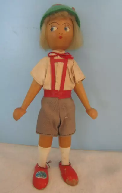 Vintage Wooden Jointed Doll, 7-" Painted Face, poland blonde  GREEN HAT BOY