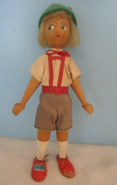 Vintage Wooden Jointed Doll, 7-" Painted Face, poland blonde  GREEN HAT BOY