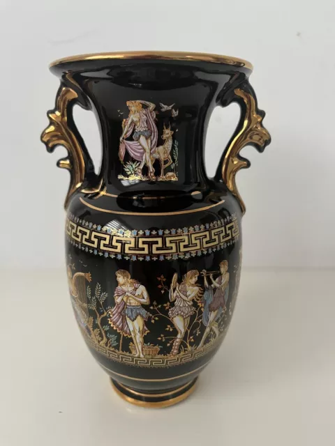Vintage Black Ceramic Vase Handmade Greece 24K Gold Decorations
