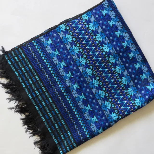 Vtg Handwoven Ikat Table Runner Scarf Ocean Blue, Turq w Knotted Fringe 34 x 41"