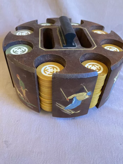 VTG Retro 50’s Round Lazy Susan Wood Poker Chip Set With Sports Pictures & Chips