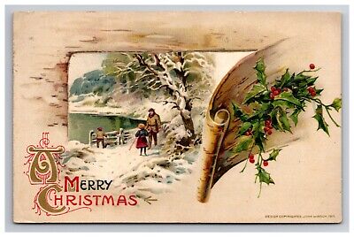 Antique Christmas Postcard Holly Snow Winter Scene Victorian Old Early 1900s