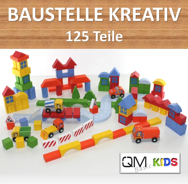 Kinder Holz Bausteine Baustelle 125 Teile Bauklötze Stadt Häuser Klötze bunt