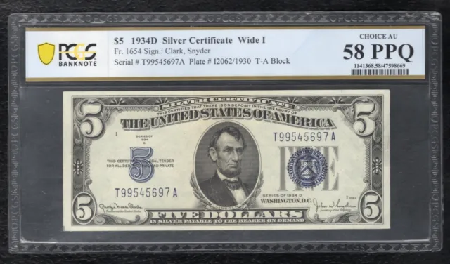 Fr. 1654 1934-D $5 Wide I Silver Certificate Pcgs Banknote About Unc-58Ppq
