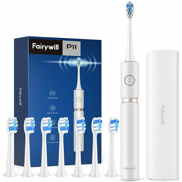 FAIRYWILL P11 WHITE Electric Toothbrush Rechargeable Travel Case & 8