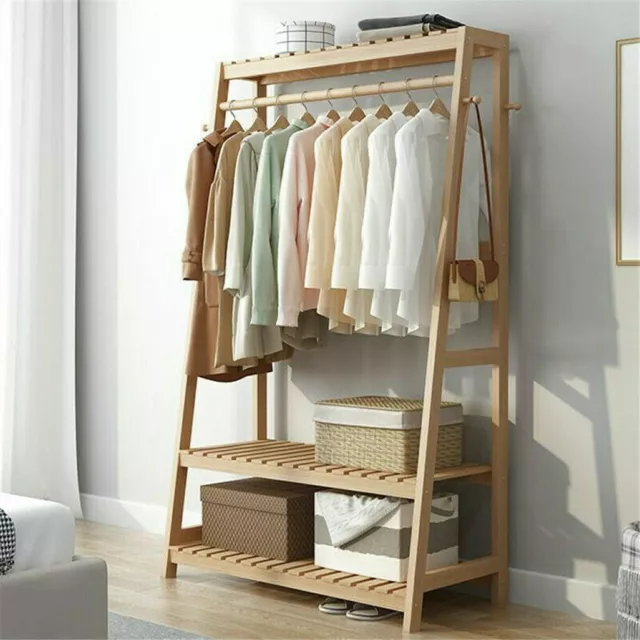 Bamboo Clothes Rail Rack Garment Stand with Top Shelf Shoe Storage Ladder Rails