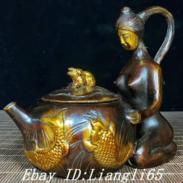 5"  Alte Bronze Gilt Dynastie Palast Schöne Frau Griff Teekanne Teekessel 2