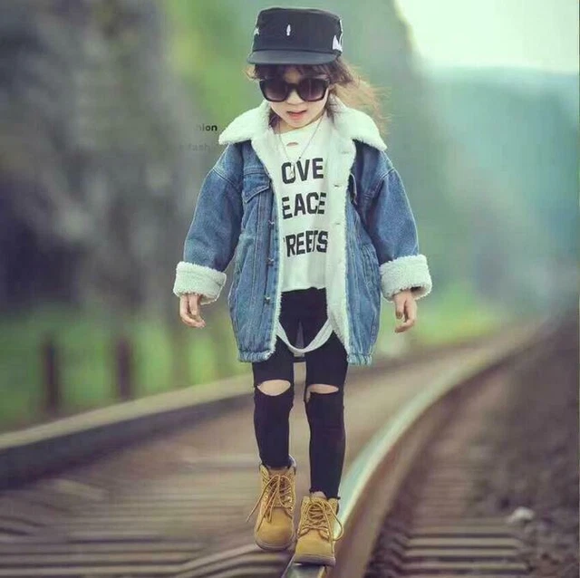 Fashion Kids Girl Boys Winter Fur Lining Denim Jacket Coat Warm Thicken Outwear