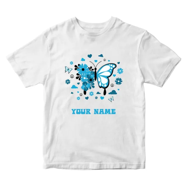 Personalised Kids Girls Name Print T-Shirt Butterfly Hearts  Birthday Xmas Top