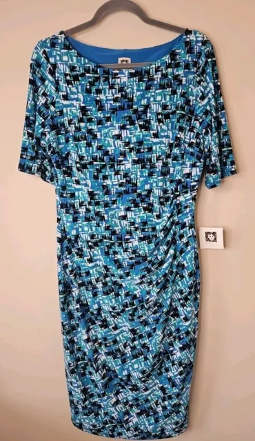 Anne Klein Dress Women 12 Blue Green Geometric Print Faux Wrap Lined Stretch