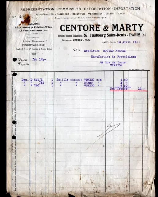 PARIS (X°) FAIENCES PORCELAINES de CHINE & JAPON "CENTORE & MARTY" en 1923