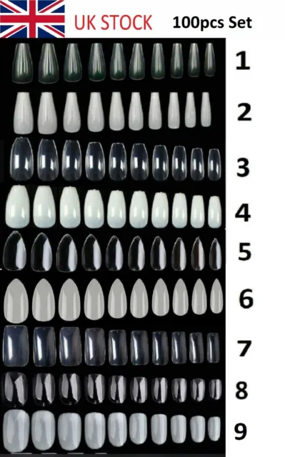 100pcs Full Cover False Nail Tips - Natural Clear Stiletto Almond Display Coffin