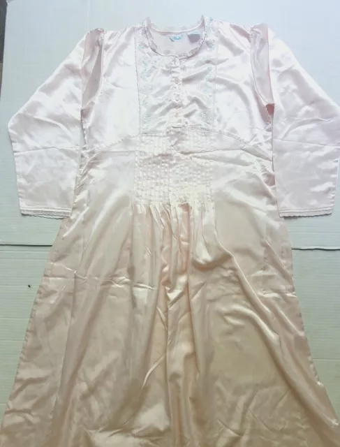 Vintage Tommies Pink Satin Long Nightgown Cottage Core Granny Style Women's Sz S