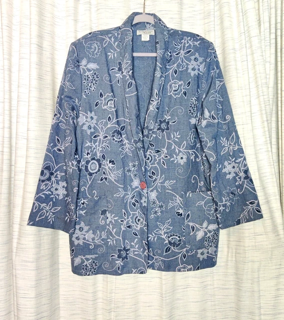 VTG Kensington Square Women's Blue Stitched Floral Pockets Blazer Jacket Size XL
