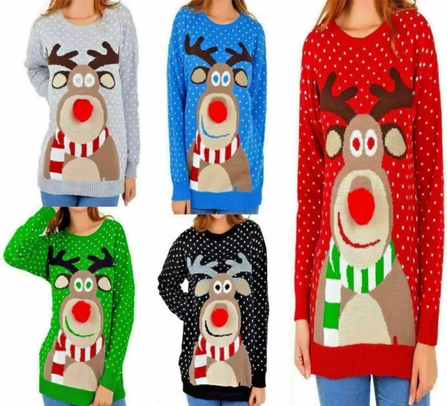 Women's Christmas Jumper Rudolph Pom Pom Nose Ladies Sweater Knitted Xmas Top UK