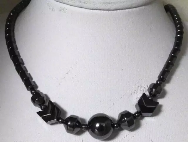 HEMATITE ROUND BARREL SAUCER CHEVRON Beads BEADED STRAND NECKLACE 18" NEW!