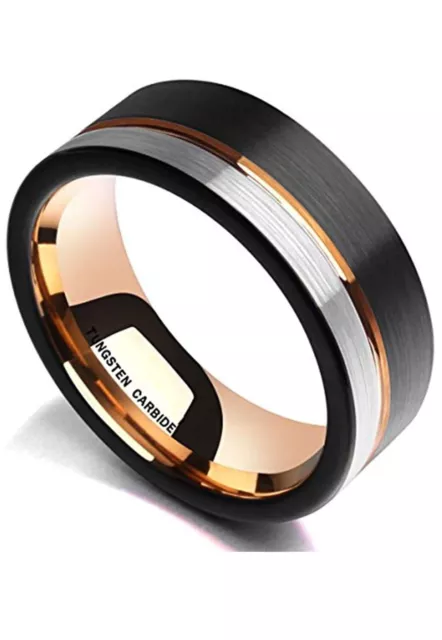 8MM TUNGSTEN CARBIDE Men's Ring Two Tone Rose Gold Line Wedding Band ...