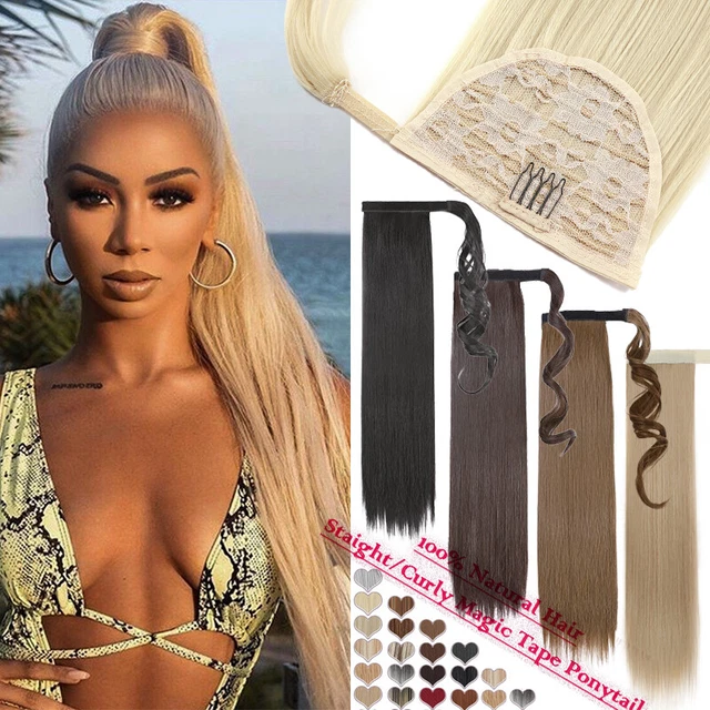 AU Long Real Thick As Human Hair Clip In Extensions Wrap On Ponytail Magic Tape