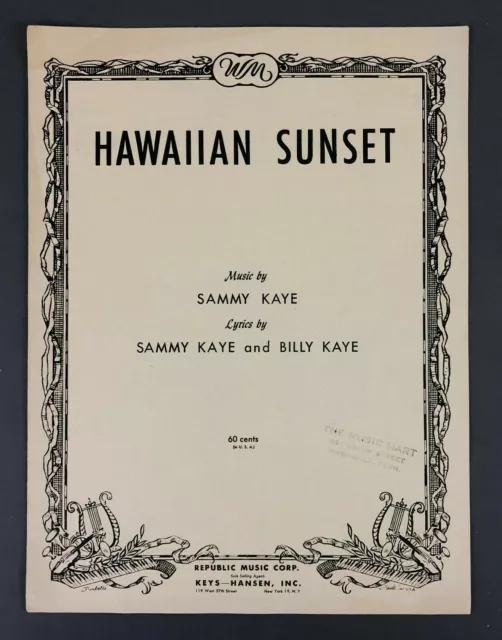 Hawaiian Sunset Sheet Music 1941 Piano Guitar Sammy Billy Kaye Love Song Vintage