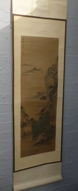 Chinese Hand Painted Silk Mountain & Water Scene Signed & Stamped