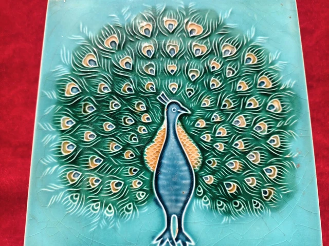 1 Piece Peacock Art Deco Embossed Design Majolica Ceramic Tiles Japan 0299 3