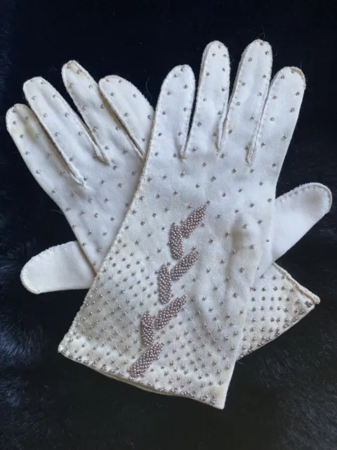 Vintage Formal Cream Cotton Gloves Light Bronze Beading Size 7.5