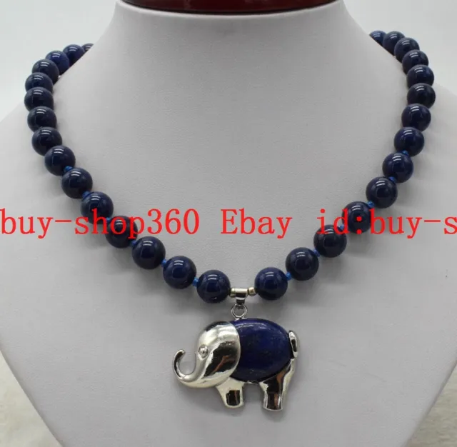Natural 10mm Blue Lapis lazuli Round Gemstone Elephant Pendant Necklace 18'' AAA
