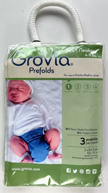 3 Pk New GroVia Reusable Organic Cotton Prefold Baby Cloth Diaper, Size 1 NB