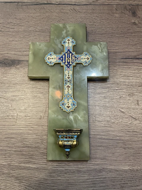 CRUCIFIX BÉNITIER ANCIEN ÉMAUX CLOISONNÉS XIXème EUR 45,00 - FR