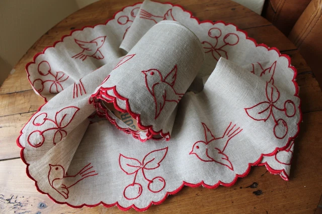 Coupon De Bordure Brodée 'Les Cerises' - 4 Mètres X 4 Cm, Toile De Coton écru, Pour Couture