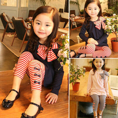 2PCS Kids Baby Girl Casual Outfits Long Sleeve T-shirt + Striped Trouser  Set