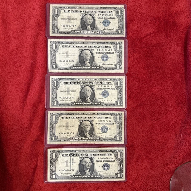 Five 1957(2) 1957A(2) 1957B(1) BILLS SILVER CERTIFICATES BLUE SEAL NOTES