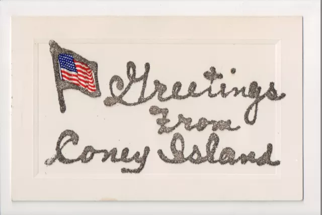 J-231 Greetings from Coney Island New York USA Flag Postcard