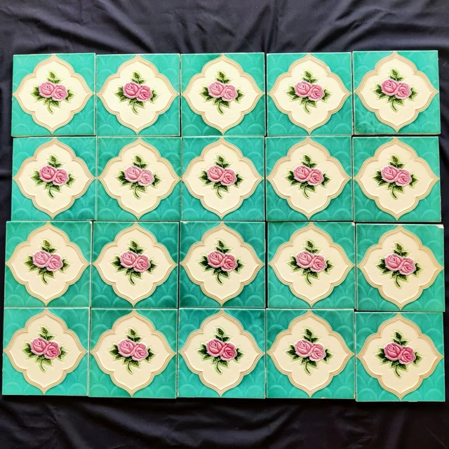 1940s Vintage Embossed Floral Design Majolica Art 20 pcs Architecture Tile Japan