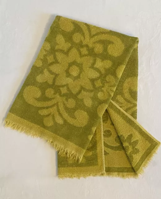 Vintage Avocado Green Gold Sculpted Floral Bath Towel Mid Century Reversible