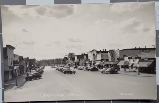 Street View Grayling MI RPPC Photo Vtg Postcard c 1940s Olsen's Burrow's Davis