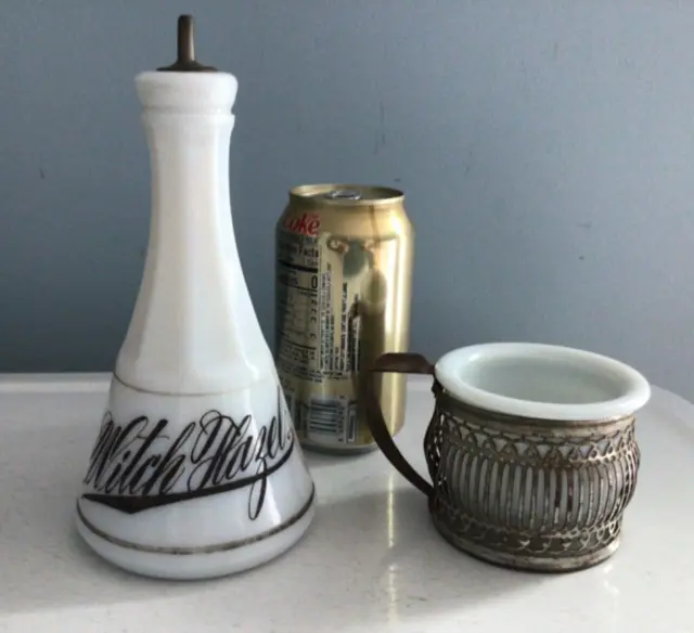 Antique Opaline Clambroth WITCH HAZEL BARBER BOTTLE & Milk Glass SHAVING CUP