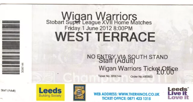 Ticket - Leeds Rhinos v Wigan Warriors 01.06.2012